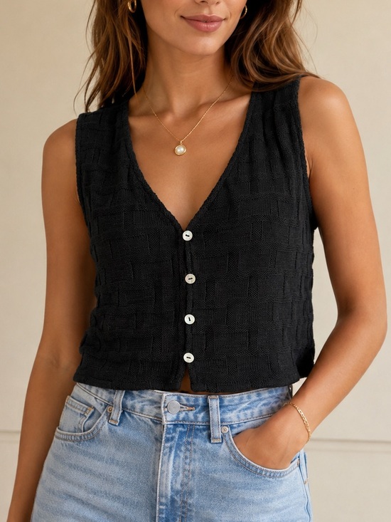 Madewell Tops - Madewell Black Knit Button Front Cropped Sweater Vest Tank Top size Medium